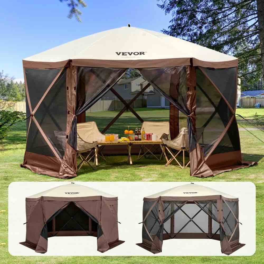 VEVOR Pop Up Gazebo Tent, Pop-Up Screen Tent 6 Sided Canopy Sun Shelter with 6 Removable Privacy Wind Cloths & Mesh Windows, 11.5x11.5FT Quick Set Screen Tent with Mosquito Netting, Brown