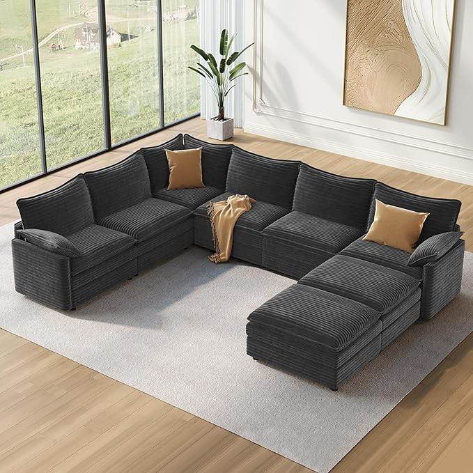 (incomplete one box only) Vesgantti Large Modular Sectional Sofa, Big Comfy Cloud Couch with Ottoman Deep Seat Corduroy Cloud Sofa, 8 Seater Large Sectional Couches for Living Room, Bedroom and Apartment, Gray