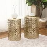 round gold metal end table set with tray style top