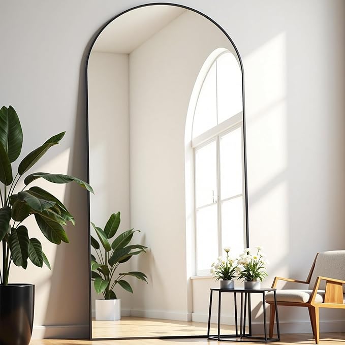 dewfig full length mirror, 71"*26" arched full body mirror with stand, large floor mirrors for leaning or hanging, big mirrors for bedroom, living room,dressing room, aluminum alloy frame, black