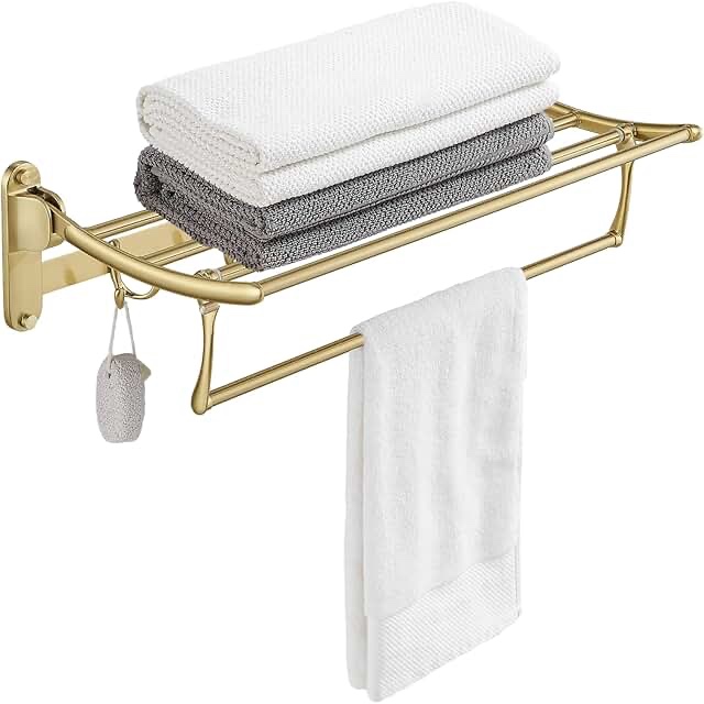 BESy 24 Inch gold Towel Racks, Bathroom Towel Shelf with Foldable Towel Bar Holder and Towel Hooks, Wall Mounted Multifunctional Bathroom Accessories, Double Towel Bars