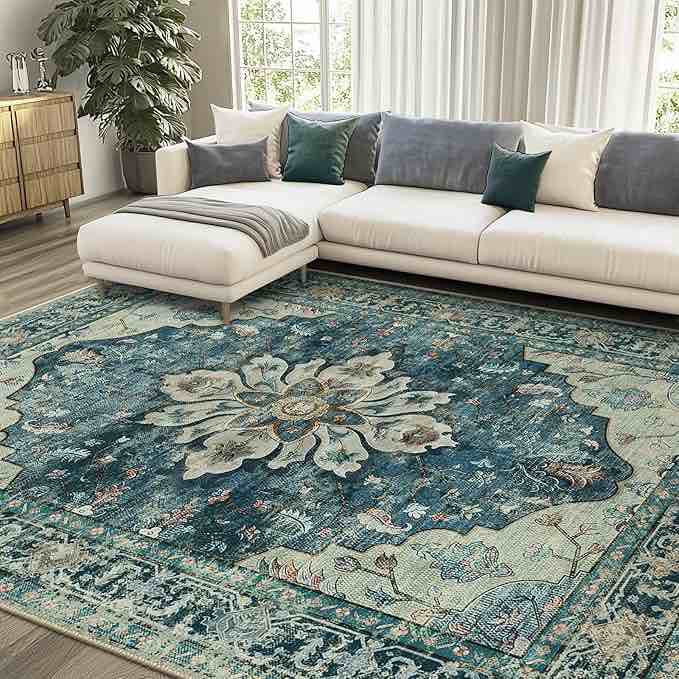 Area Rugs 8'x10' Washable Non-Slip, Floral Vintage Distress Print Pattern Medallion Carpet for Living Room Bedroom Dining Room, Blue 8' x 10' (Rectangular)