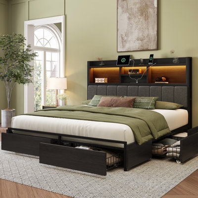 (incomplete only box 1 of 2) Bed Frame With 6 Storage Drawers, Linen Upholstered Headboard, Built In Charging Station And Led