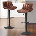 Modern Cognac Faux Leather Swivel Adjustable Height Bar Stools with Black Base Set of 2