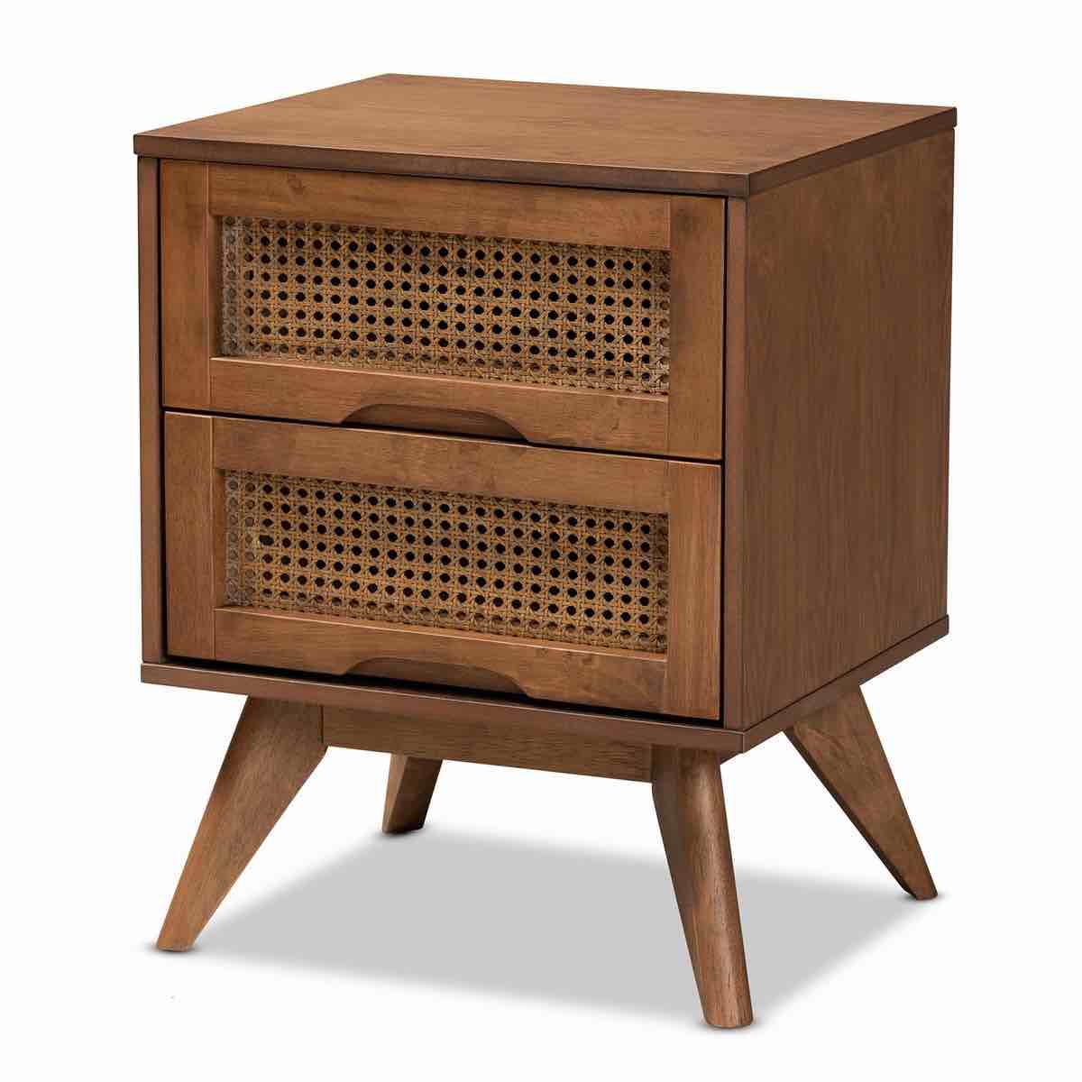 Baxton Studio MG9001-Rattan-2DW-NS Barrett 18 3/4 Inch Modern Wood and Synthetic Rattan 2-Drawer Nightstand in Walnut Brown