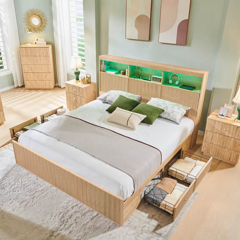 (incomplete only box 1 of 2) bed frame with storage headboard, led lights/storage headboard charging station, modern 4-drawers with fluted king size wood platform bed frame