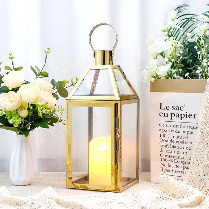 jhy design gold decorative lanterns 16 inch high stainless steel candle lanterns with tempered glass for indoor outdoor events parities and weddings