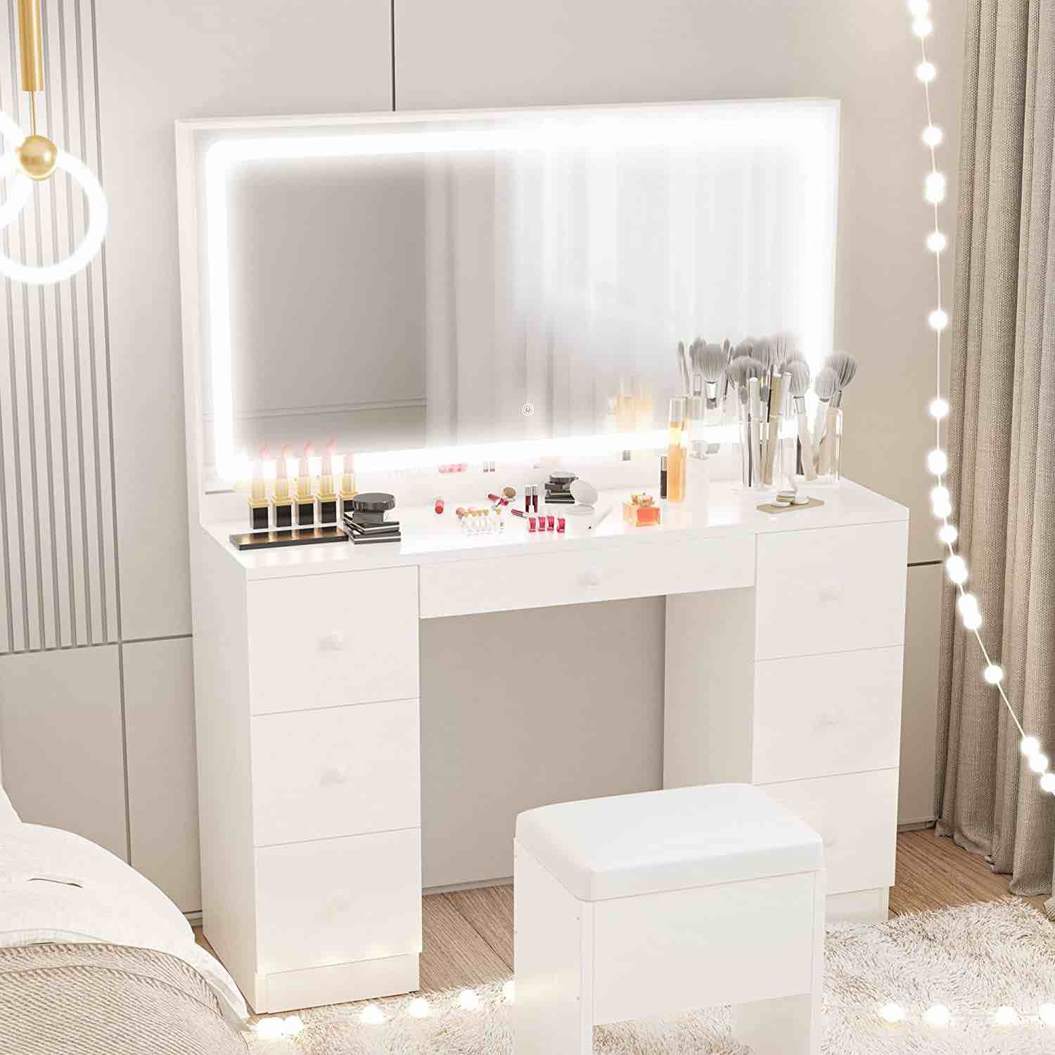 ironk Makeup Vanity Desk with LED Lighted Mirror & Power