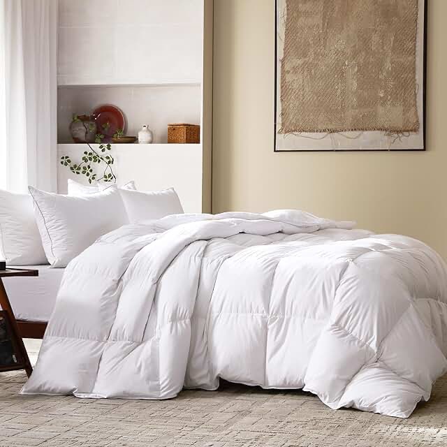 Three Geese Luxury Down Comforter Queen Size, All-Season Duvet Insert 90x90 Inch with 100% Cotton Cover, 61 Oz White Hotel Collection Comforter