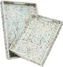 Serving Trays Handmade Trays for Serving Mother of Pearl Inlay Decorative Tray Room Decor, Coffee Table Tray Set of 2 Trays Decor for Ottoman Length 16'' and 14''