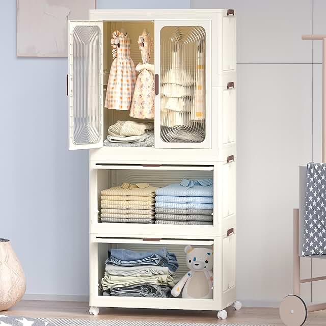 portable wardrobe closet storage organizer for clothes,clothes dresser, magnetic doors with 4 cubes & hanging rod,10 pcs hangersbaby wardrobe storage cabinet,white freestanding cream white bedroom american design polypropylene plastic,polypropylene (similar photo)