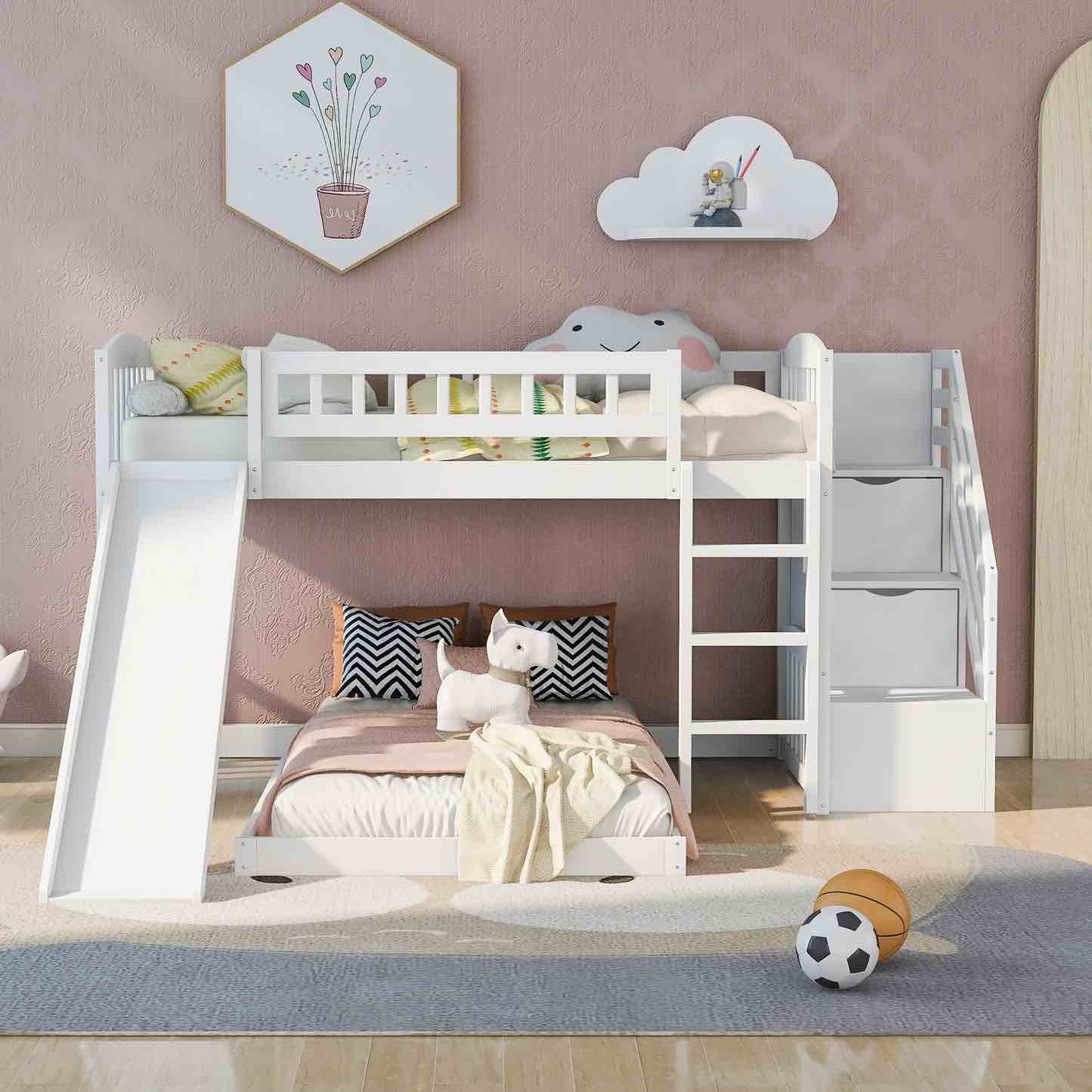 stairway twin over twin bunk bed with two drawers and slide white (incomplete box 3 of 3 only missing 2 boxes) 