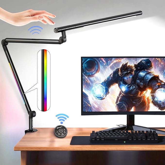 led desk lamp with clamp, 18w architect desk lamp with dual light, flexible 3 sections swing arm, with rgb light, with remote, with sensor switch, stepless dimming, 4 color mode & 5 brightness
