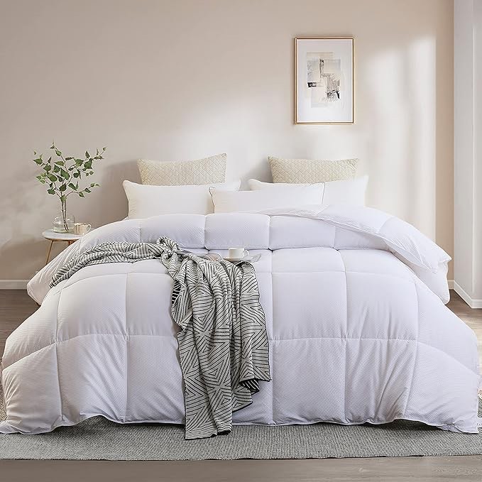 all season down alternative comforter queen size - white fluffy duvet insert with corner tabs - plush microfiber fill - lightweight and soft (90 x 90 inches)