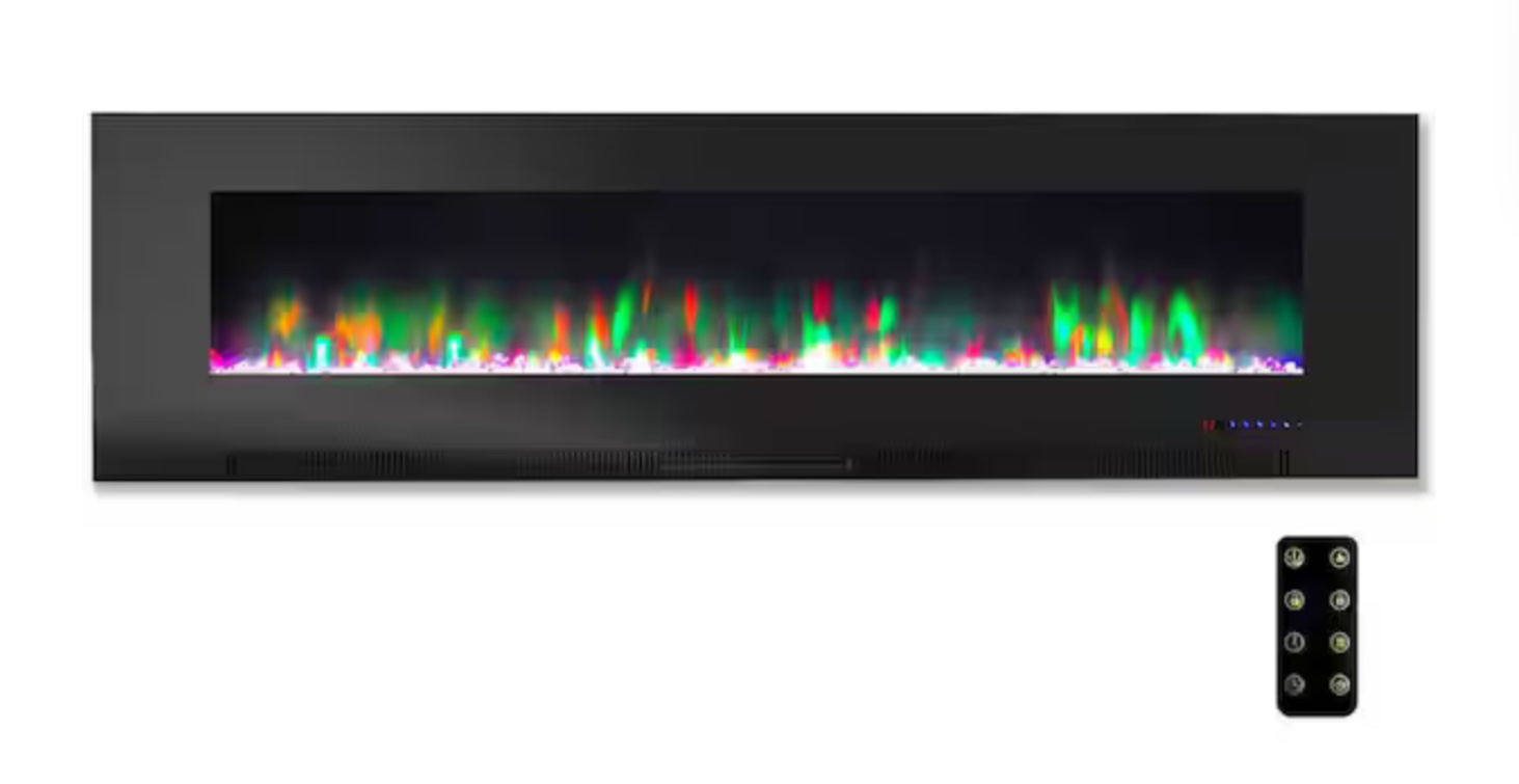 60 in. Wall-Mount Electric Fireplace in Black with Multi-Color Flame