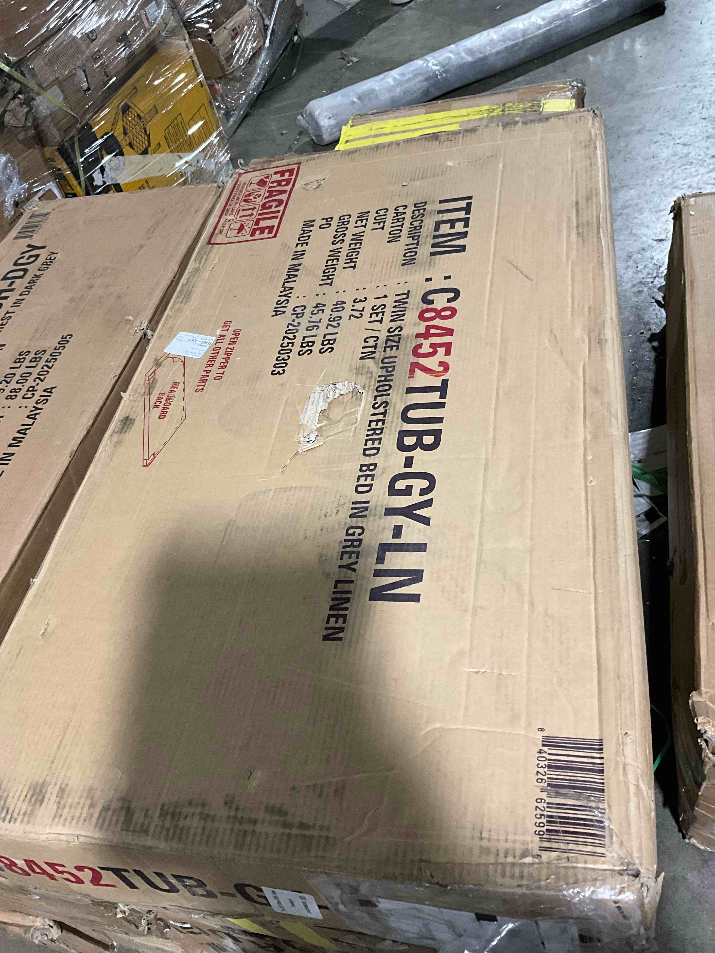 Condition photo showing Good Condition for Twin Foam Padded Linen Upholstered Bed, Grey