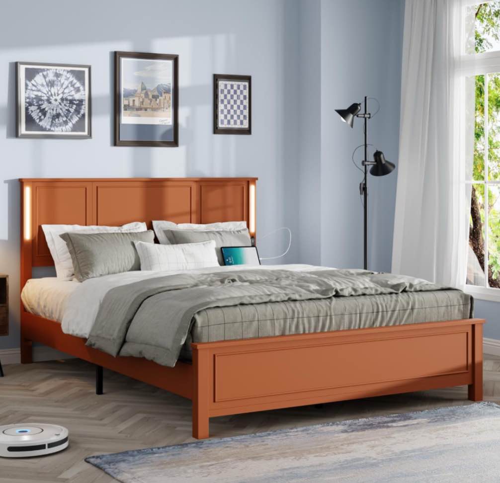 Queen Size Wood Bed Frame w/Headboard, Brown, Platform Bed for Bedroom, USB & LED Lights, No Box Spring Needed, Durable MDF, Easy Assembly, 84.25"x61.10"