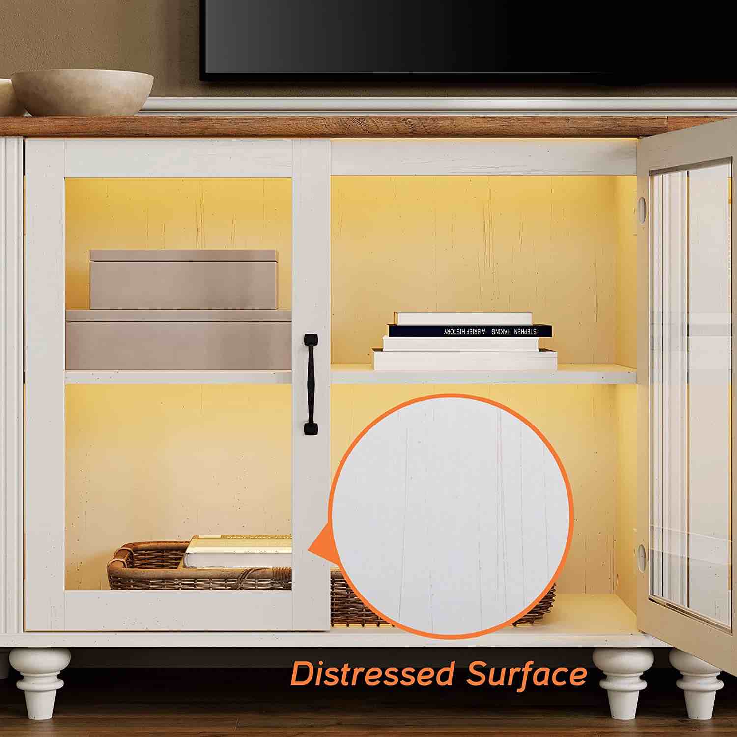 WAMPAT Large LED TV Stand for 86x40x78 cm , Kitchen Buffet Cabinet with Glass Door for Dining Room & Living Room, Off White