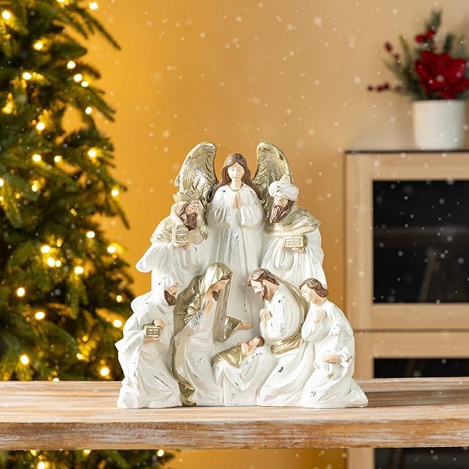 Glitzhome Nativity Figurines Set Indoor Christmas 13" H, Gold Ivory White Holy Family Wise Mens Shepherd Angel Sets & Figures, Hand Painted Nativity Tabletop Scenes Xmas Figurines for Home Decor
