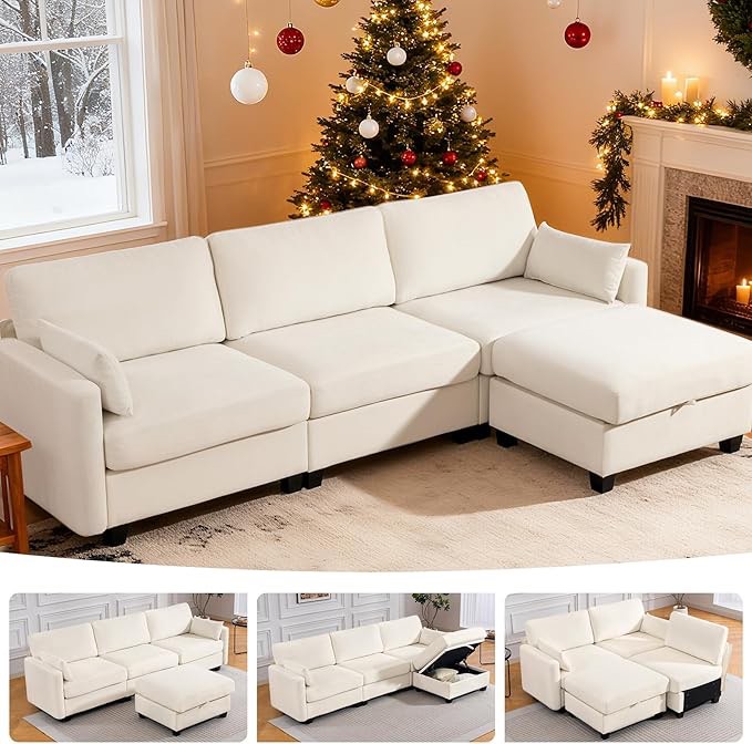 (incomplete box 2/2) modular sectional sofa, l shaped couch with storage ottoman, comfy cloud sofa with deep seat, 4 seat convertible sectional couches for living room, white