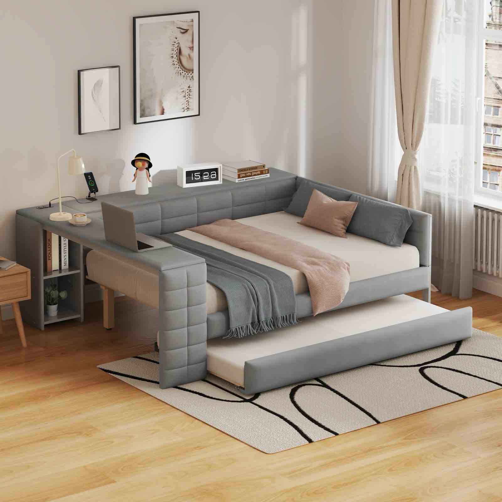 (Incomplete,2 of 2)Full Size Upholstered Platform Bed w/Storage Shelves, Desk and Trundle, Gray