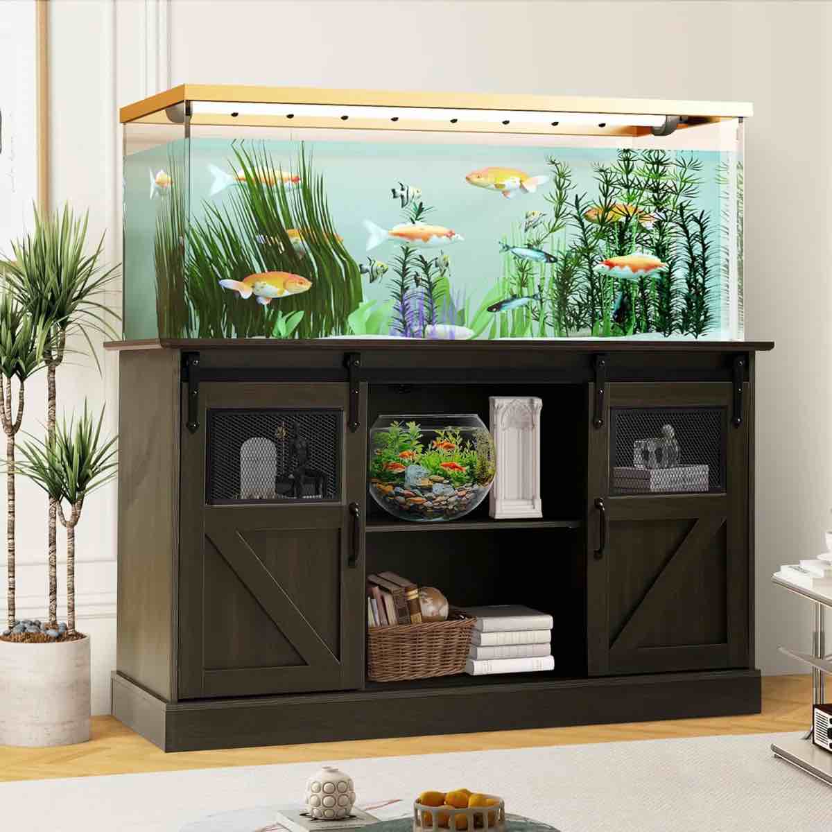 (incomplete)55-75 gallon fish tank stand with power outlet, heavy duty large aquarium stand with sliding barn door and cabinet storage for 2 fish tank turtle tank reptile terrarium, 1000lbs capacity by tucker murphy pet™
