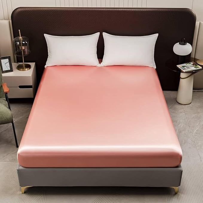 FCLDESHOP Soft Deep Pockets,Solid Color Satin Polyester Fiber Bed Sheet, Bed Cover Fitted Sheet Suitable for 12"/30cm Deep Mattress,Pink,Twin