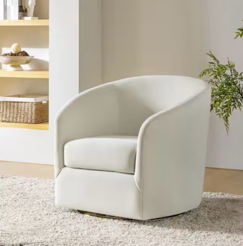 Estefan Ivory Comfy Velvet Swivel Barrel Chair with Metal Base