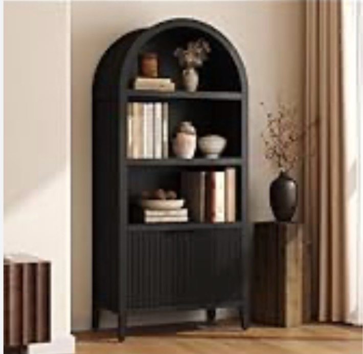 Yusong 71" Tall Arched Bookcase, 5-Tier Arched Bookshelf, Arch Cabinet Display Cabinet with Rattan Doors and Adjustable Shelves, Modern Farmhouse Kitchen Pantry for Living Room Bedroom, Black.