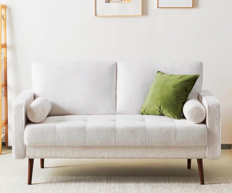 Vonanda 56" Loveseat Small Couch, Mid-Century 2 Seater Sofa Velvet Boucle Couch with Hand-Stitched Comfort Cushion and Bolster Pillows for Living Room, Loveseat Boucle White