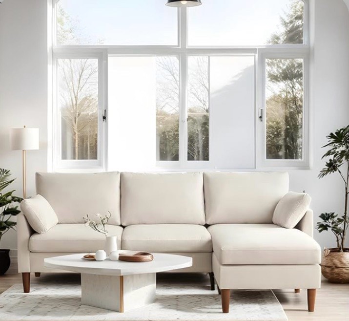 Atopston 90" Sectional Sofa, Mid-Century Modern L Shaped Couches 3-Seat Fabric Upholstered Sofa with Chaise for Living Room, Beige Linen