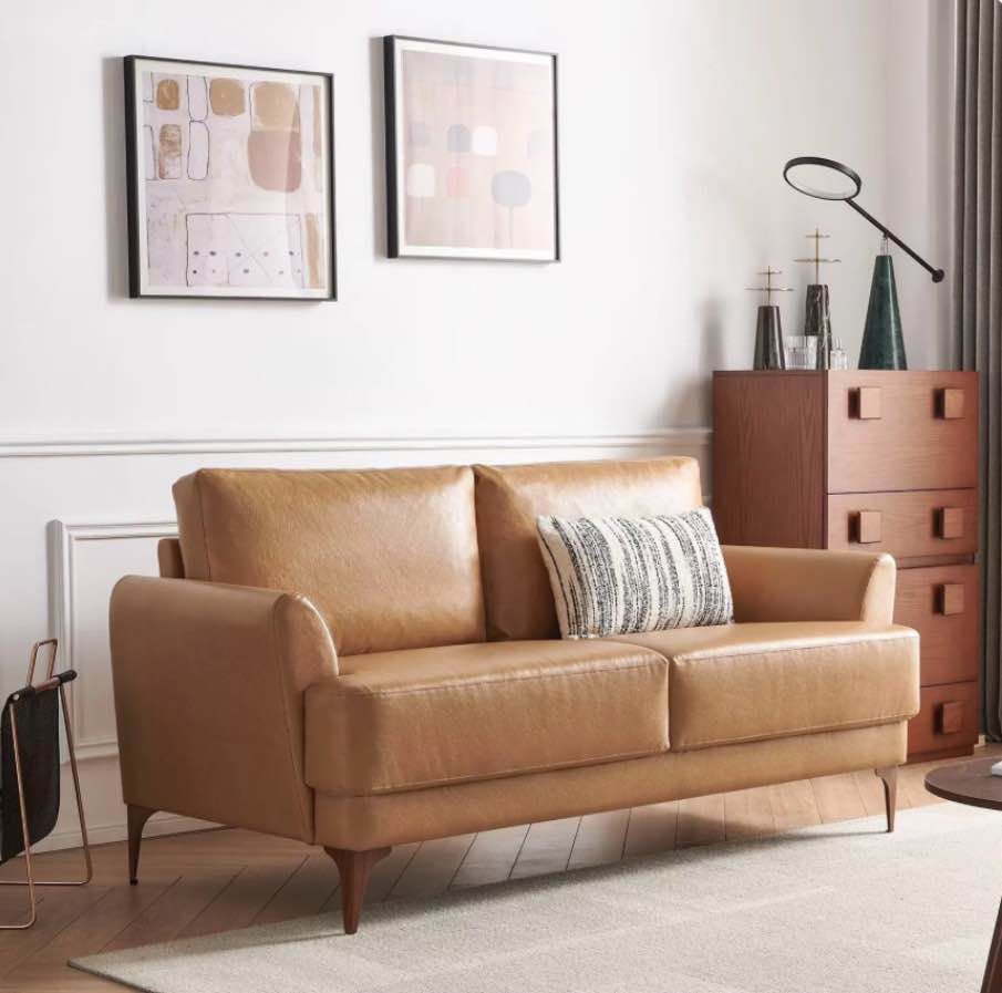 Atopston 63" Faux Leather Loveseat Sofa, Mid-Century Modern 2 Seater Couches for Living Room, Tan