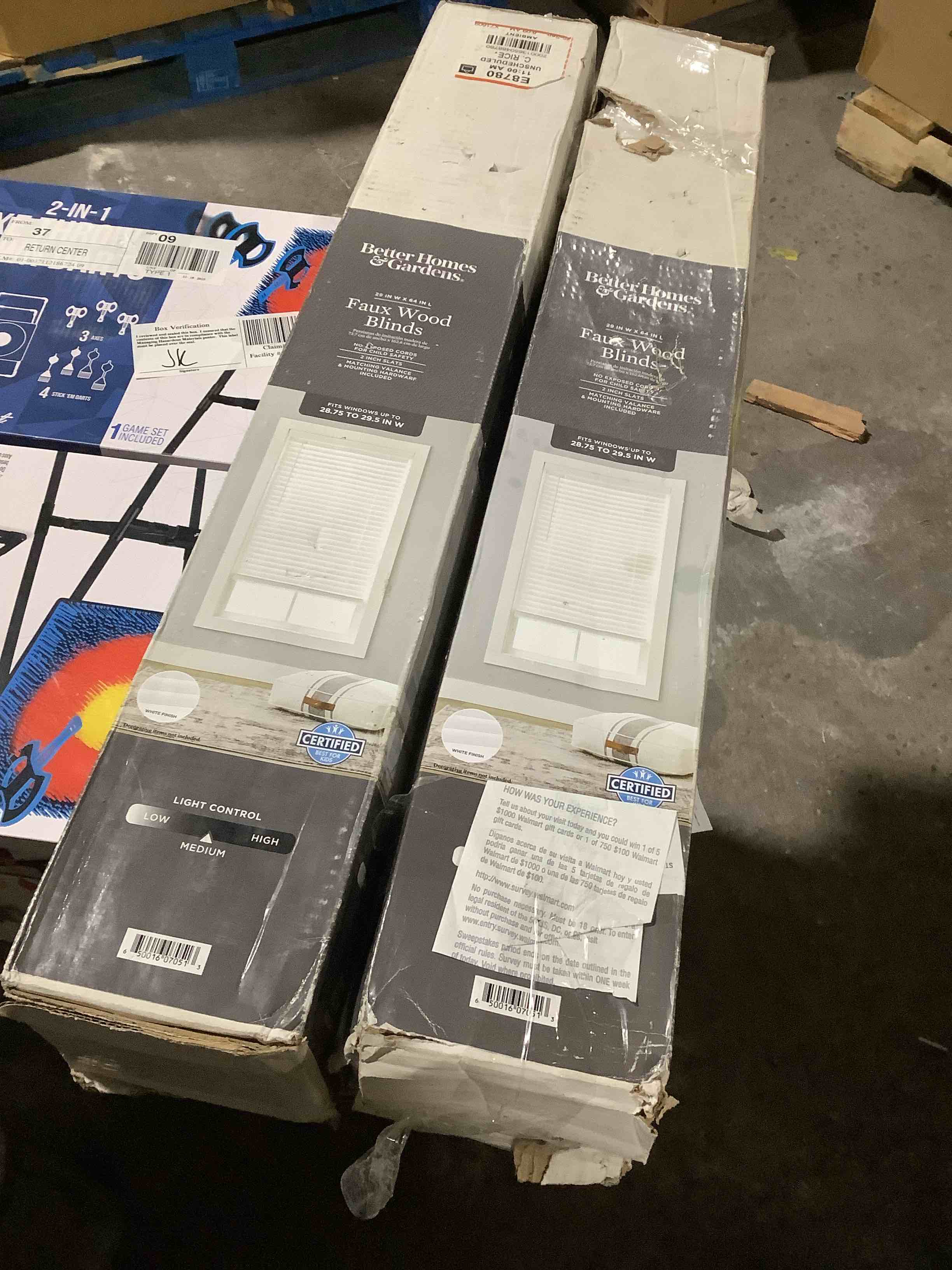 Condition photo showing Good Condition for Better Homes & Gardens 2  Cordless Faux Wood Horizontal Blinds  White  29  W x 64  L Pack of 2