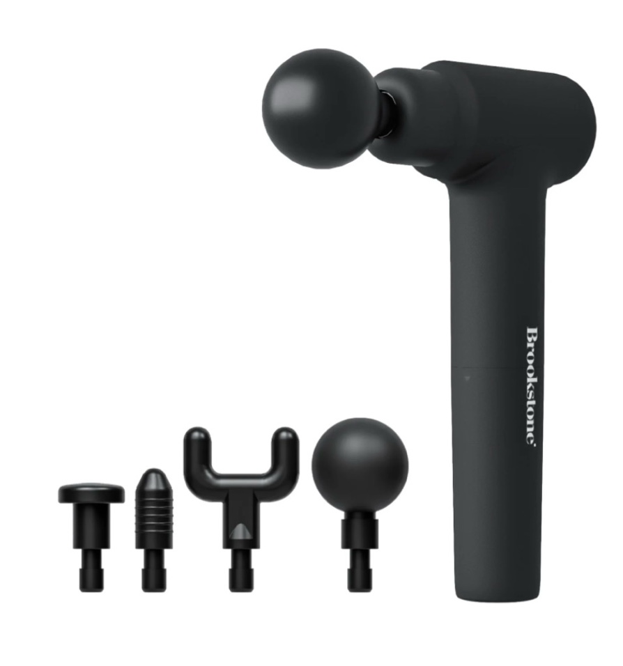 brookstone deep tissue massage gun for pain relief & muscle recovery – 9-speed handheld percussion massager, 4 heads, type-c rechargeable, quiet, 3200 rpm, shockproof design
