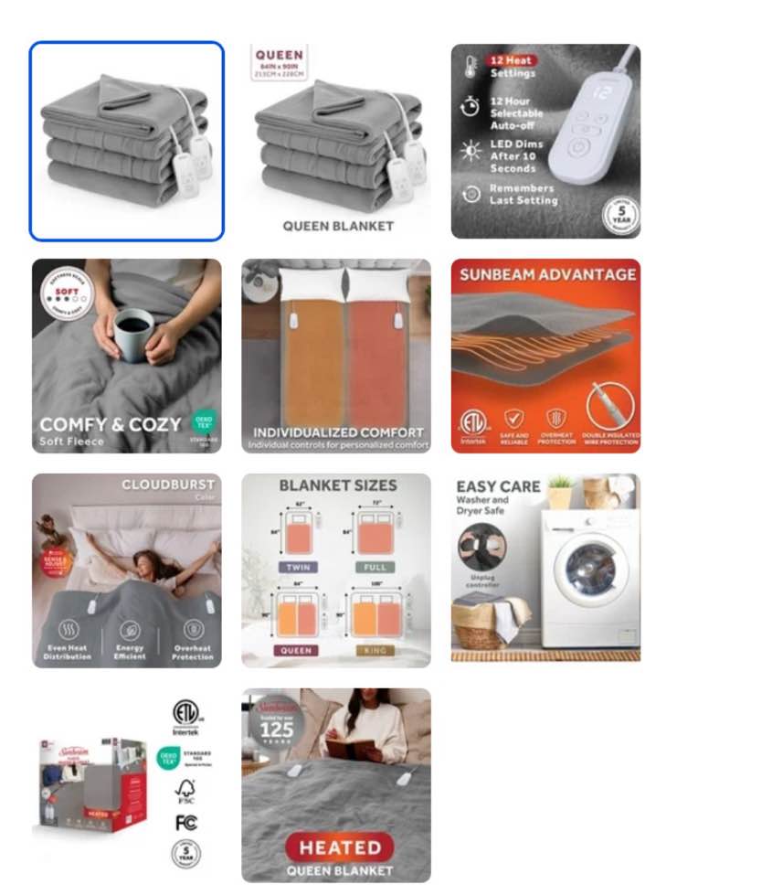 sunbeam electric heated bed blanket gray soft brushed fleece 12 heat settings queen 90 x 84