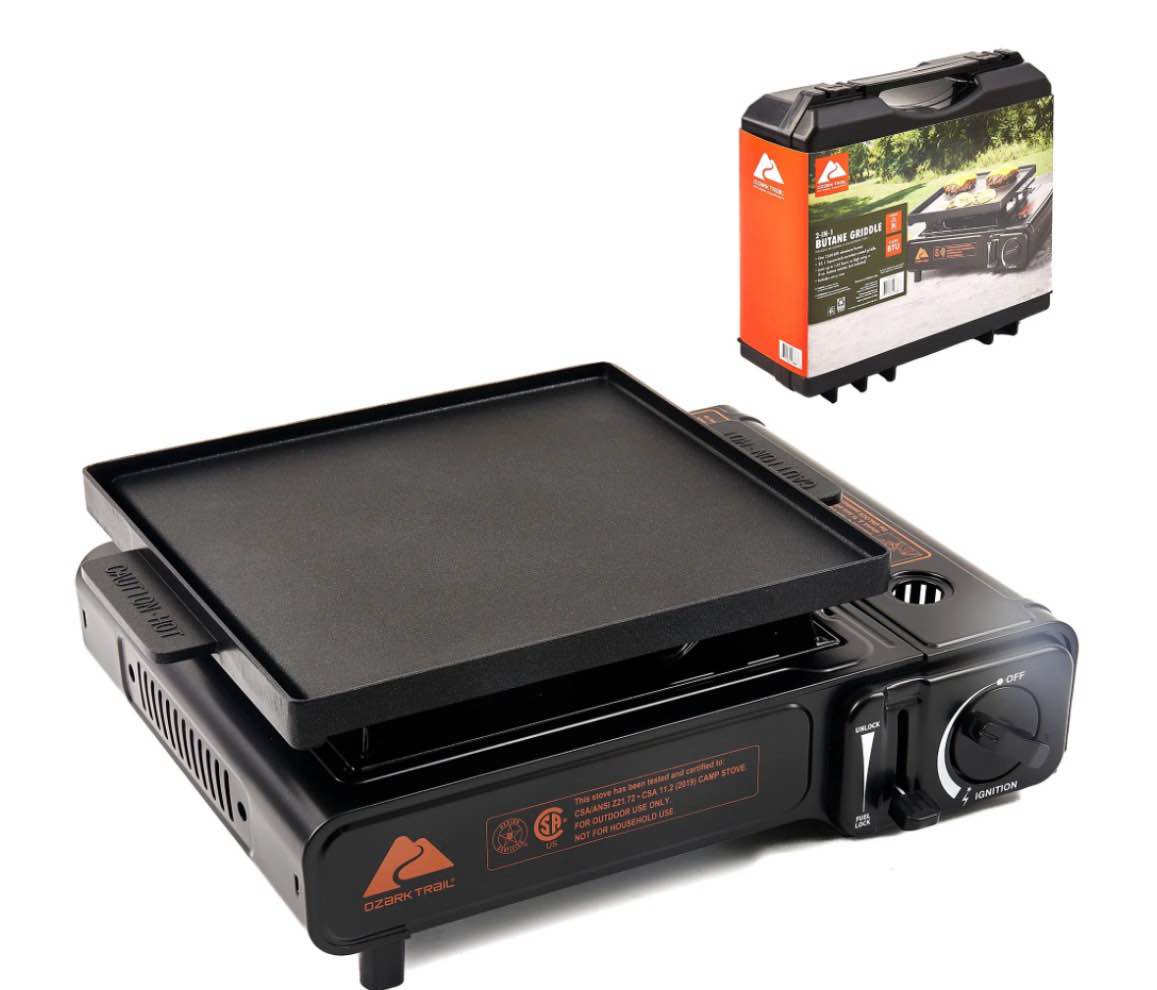 Ozark Trail 2 in 1 Butane Griddle, Black Color, 7650 BTU, Piezo-Electric 2.2kw, Cast Aluminum Griddle, Compact - Lightweight, CSA Approved for Outdoor Cooking