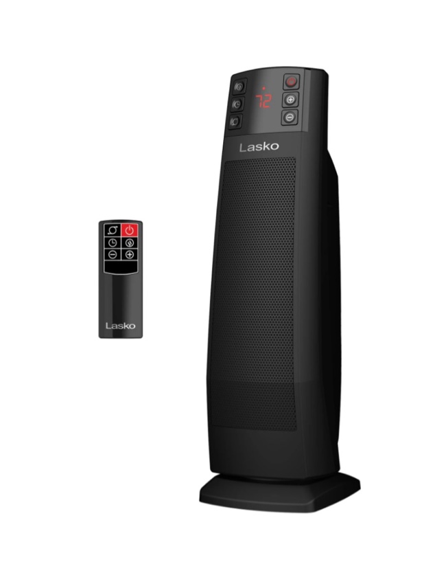 Lasko 22” Oscillating Electric Ceramic Tower Space Heater, Tip-Switch, Remote, Black, CT22850