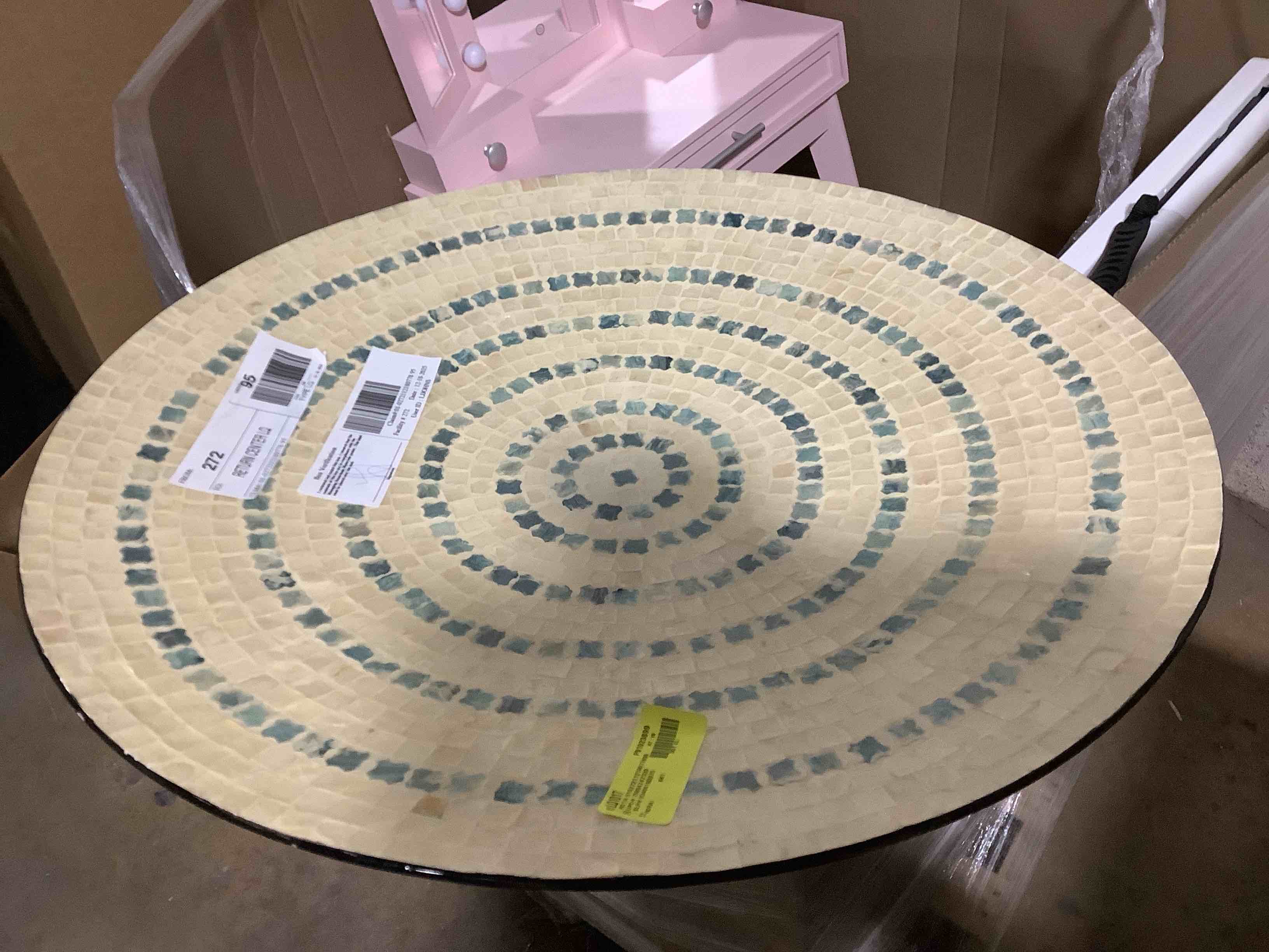 Condition photo showing Good Condition for Deco 79 Mother of Pearl Shell Plate Handmade Home Wall Decor Mosaic Wall Sculpture with Blue Accents, Wall Art 27" x 4" x 27", Beige