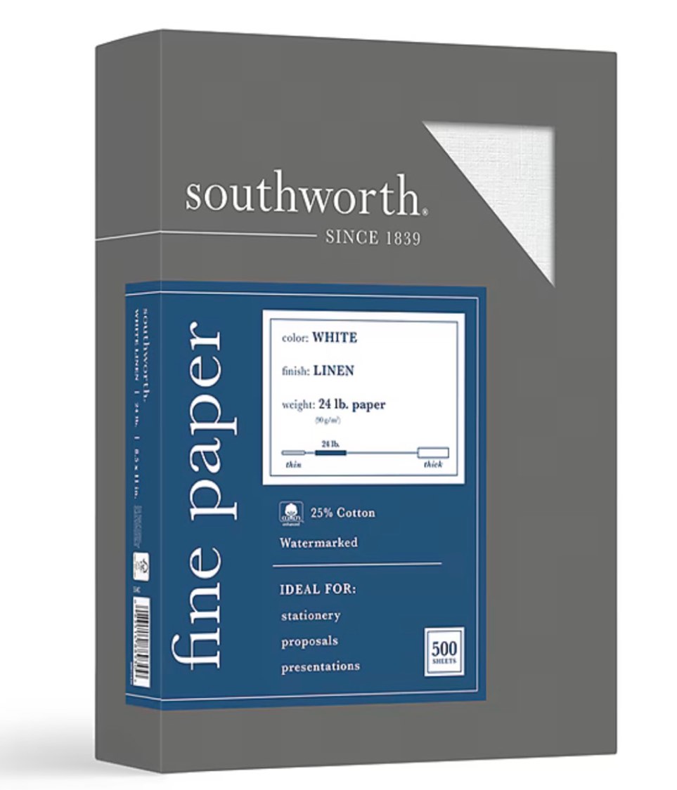Southworth Fine Paper, 8.5" x 11", 24 lbs, Linen-Finish, White, 500/Box (554C)