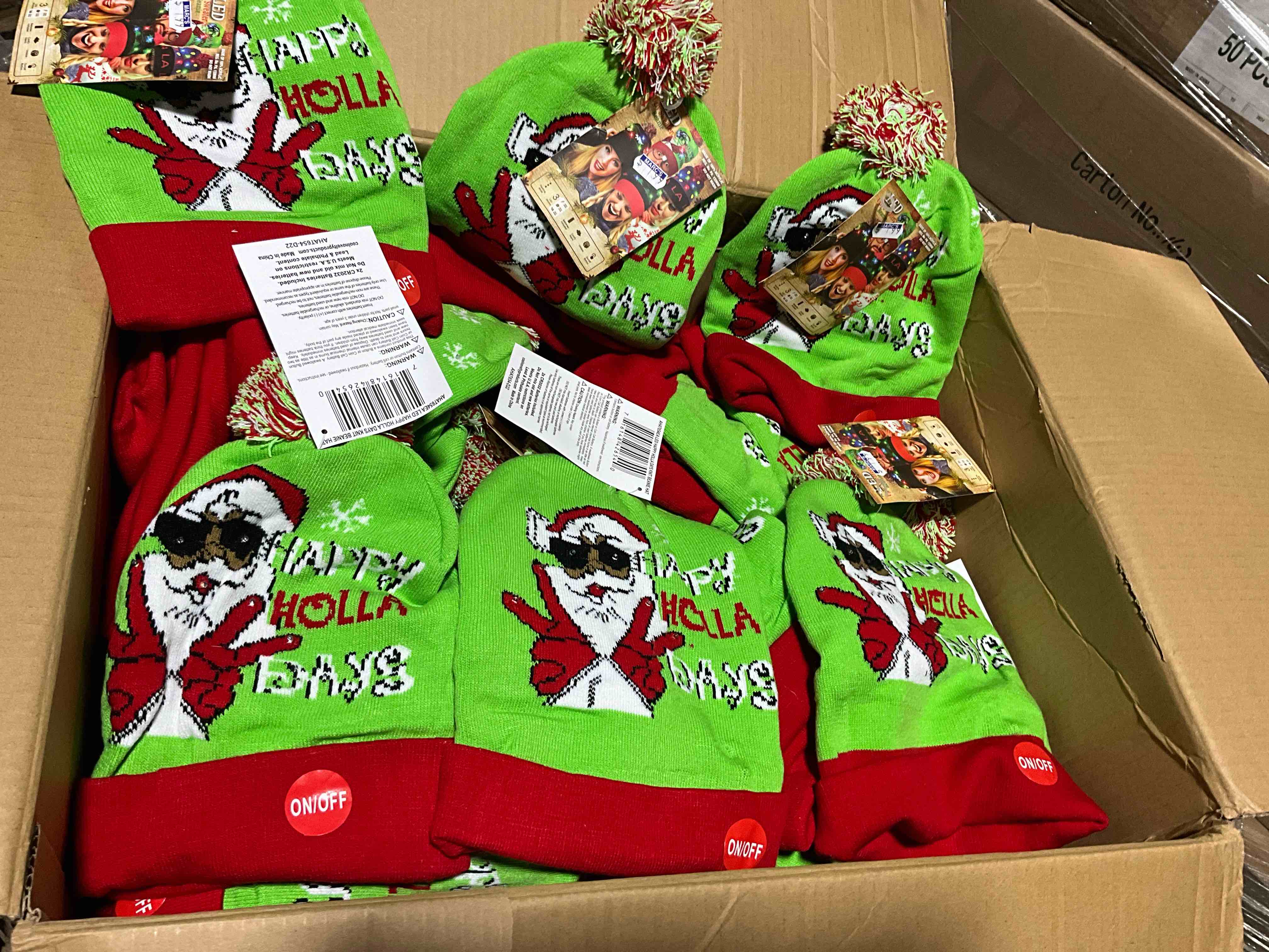Box lot of 50 LED Light-up Knitted Ugly Sweater Holiday Xmas Christmas Beanies - 3 Flashing Modes (Happy Holla Days)