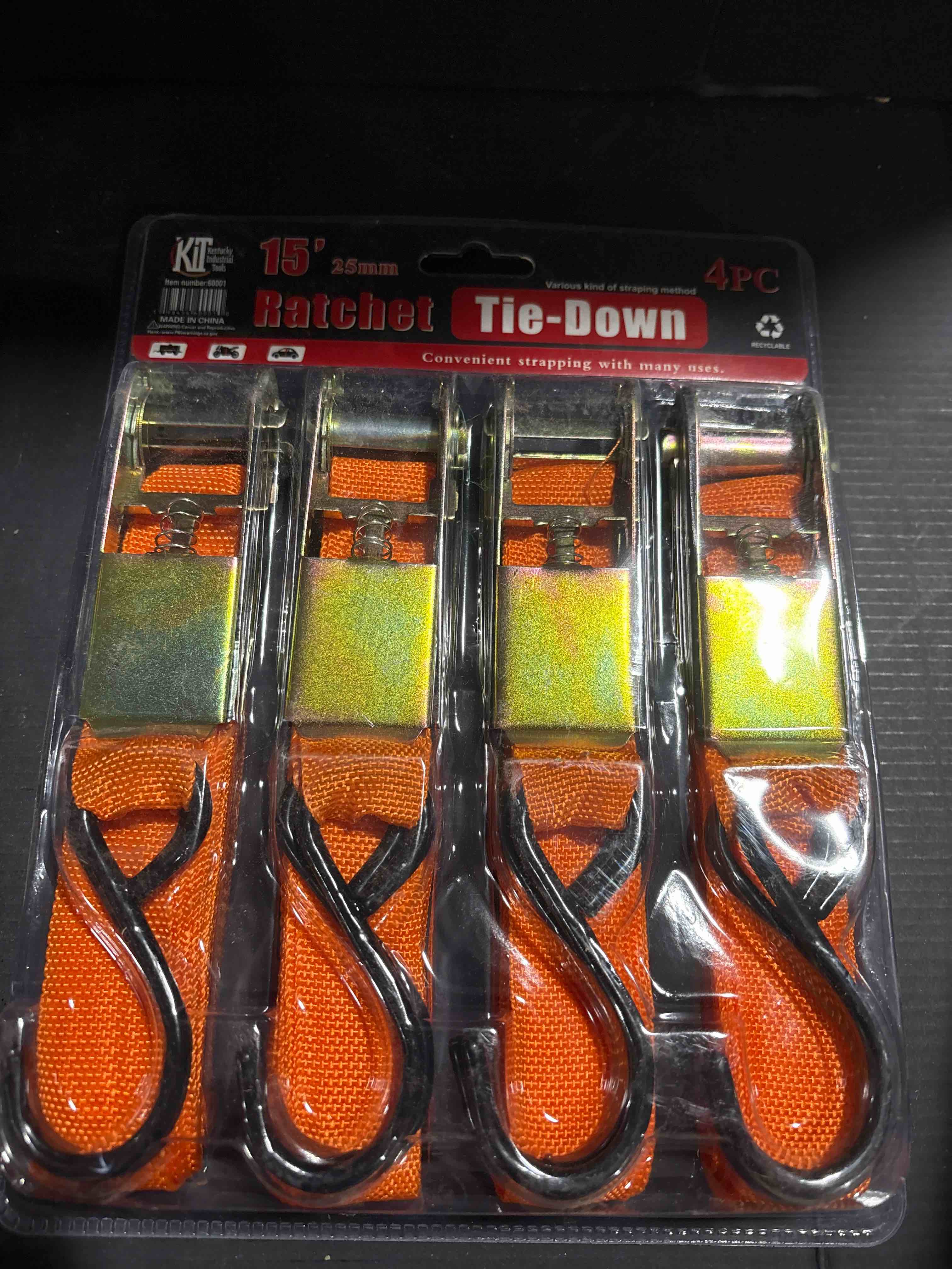 4pc 15’ ratchet tie down 