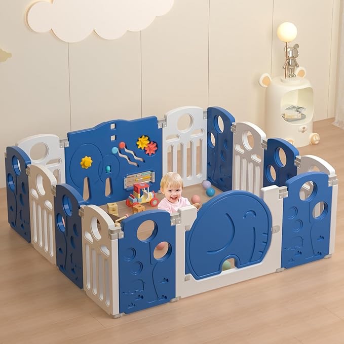 baby playpen,for kids and toddlers,kids activity centre safety play yard,indoor&outdoor pattern baby fence with game panel, safety lock, non-slip bases, adjustable shape,14 panels