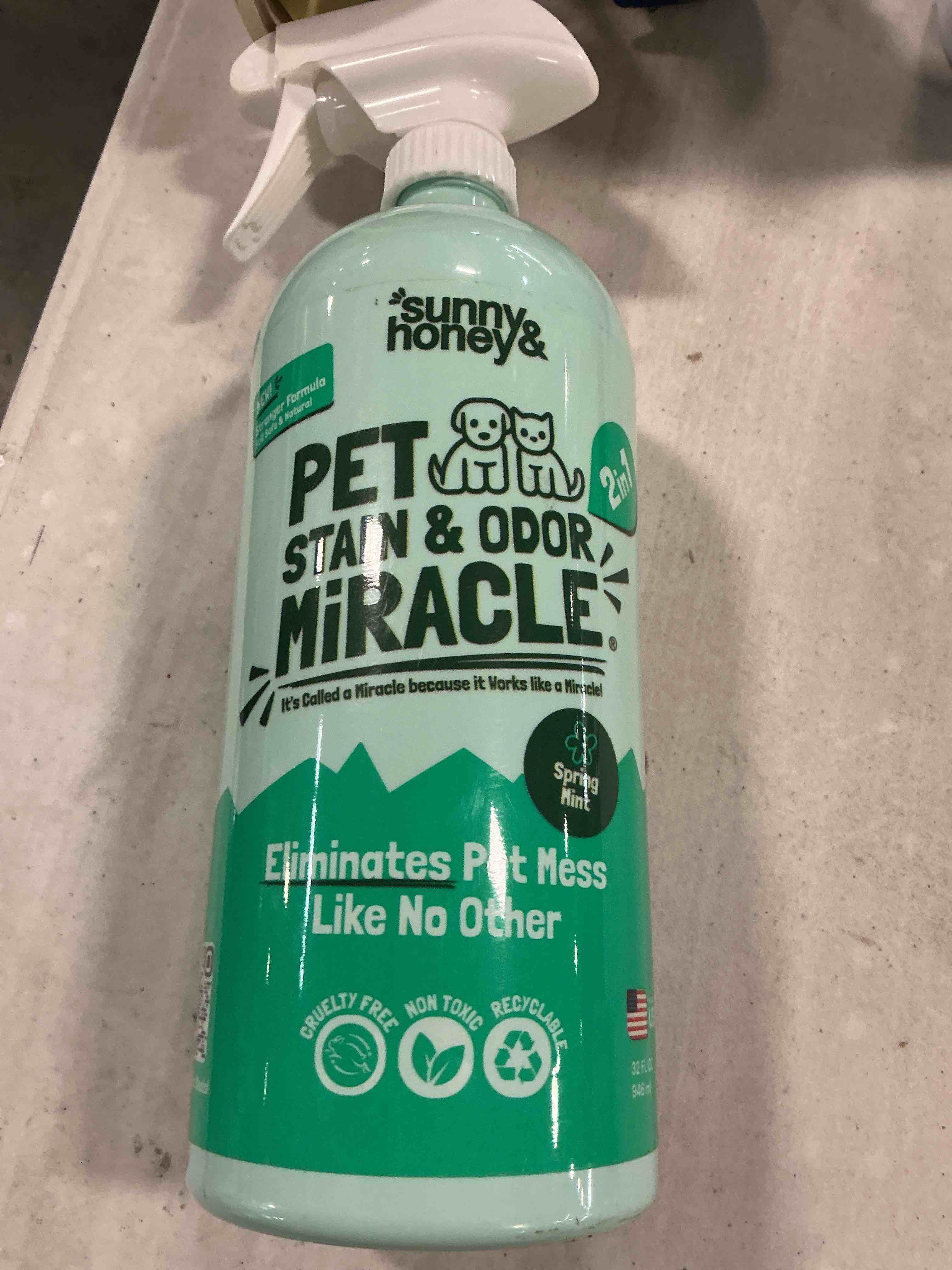 Condition photo showing item condition for Sunny & Honey Pet Stain & Odor Miracle - Fast Acting Carpet Cleaner - Enzyme Spray for Carpets, Mattresses & Upholstery - Rug Shampoo - Dog Pee Cleaner & Surface Odor Remover (32 fl oz, Spring Mint)