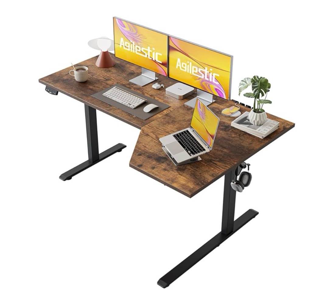 electric standing desk, l-shaped 55 inches height adjustable desk, sit and stand up for work office home, ergonomic rising computer table for home office with splice board, rustic brown