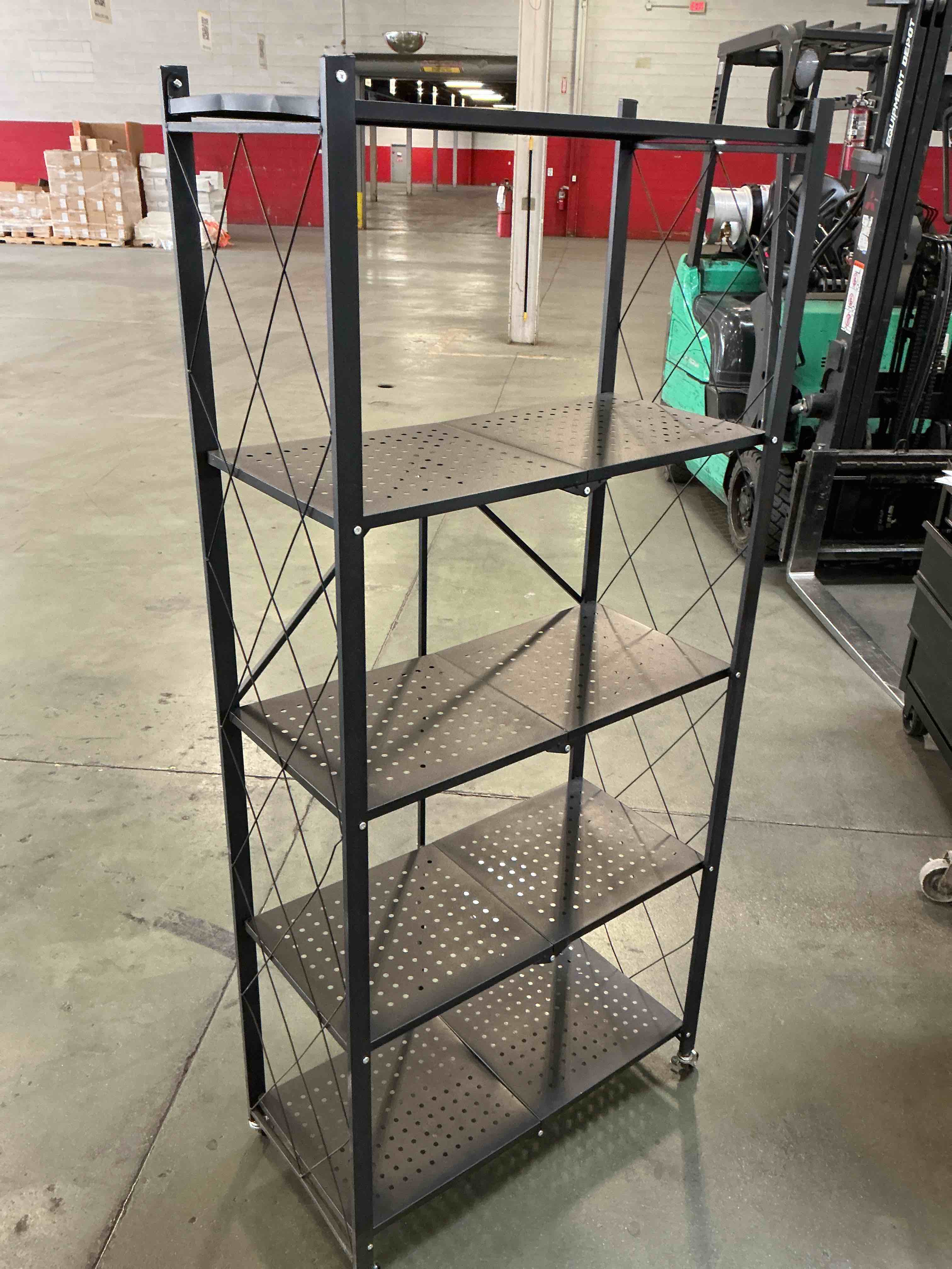 Condition photo showing As Is for BRIAN & DANY 4-Shelf Foldable Storage Shelves with Wheels, Folding Metal Rack Shelving Unit, Heavy Duty No Assembly Organizer Shelf for Garage, Kitchen, Basement, Pantry, Black 4-Tier