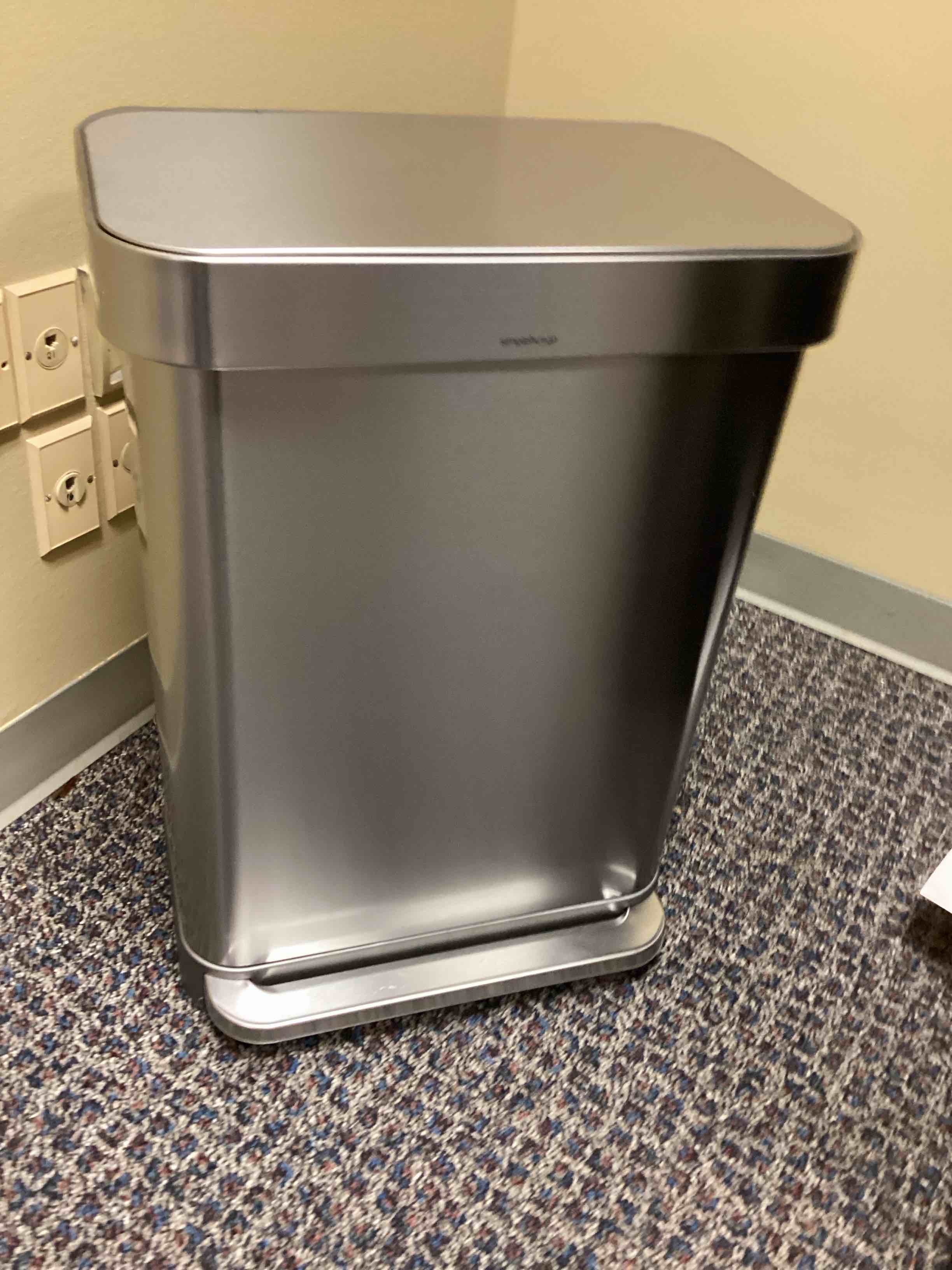 Condition photo showing As Is for simplehuman 45 Liter / 12 Gallon Liter Rectangular Hands-Free Kitchen Step Trash Can with Soft-Close Lid, Brushed Stainless Steel with Plastic Lid