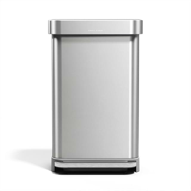 simplehuman 45 Liter / 12 Gallon Liter Rectangular Hands-Free Kitchen Step Trash Can with Soft-Close Lid, Brushed Stainless Steel with Plastic Lid