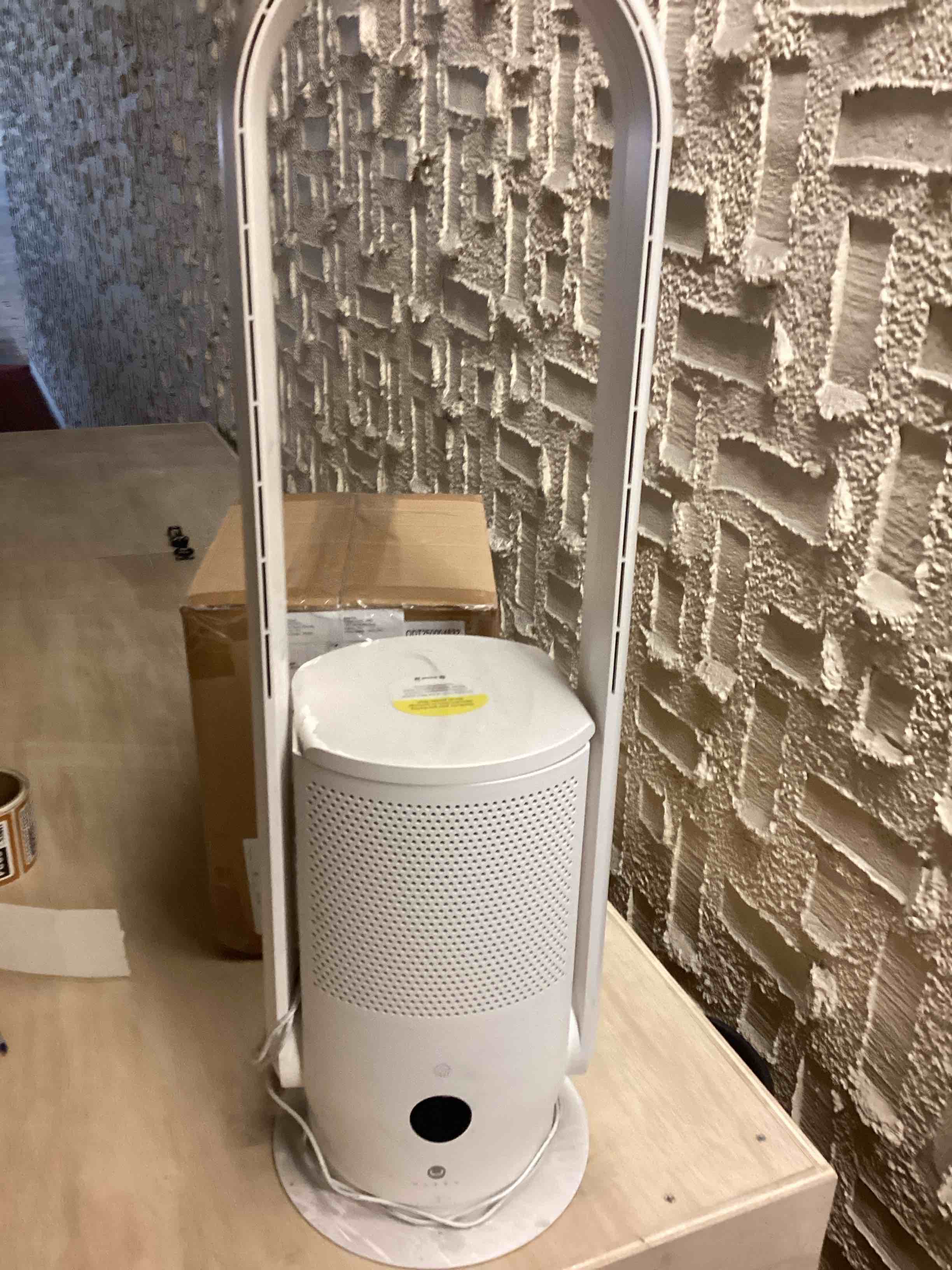 Condition photo showing As Is for ULTTY Bladeless Tower Fan and Air Purifier Combo, With Two HEPA Filter 99.97% Smoke Dust Pollen Dander, Oscillating Tower Fan with Remote Control CR022D, White