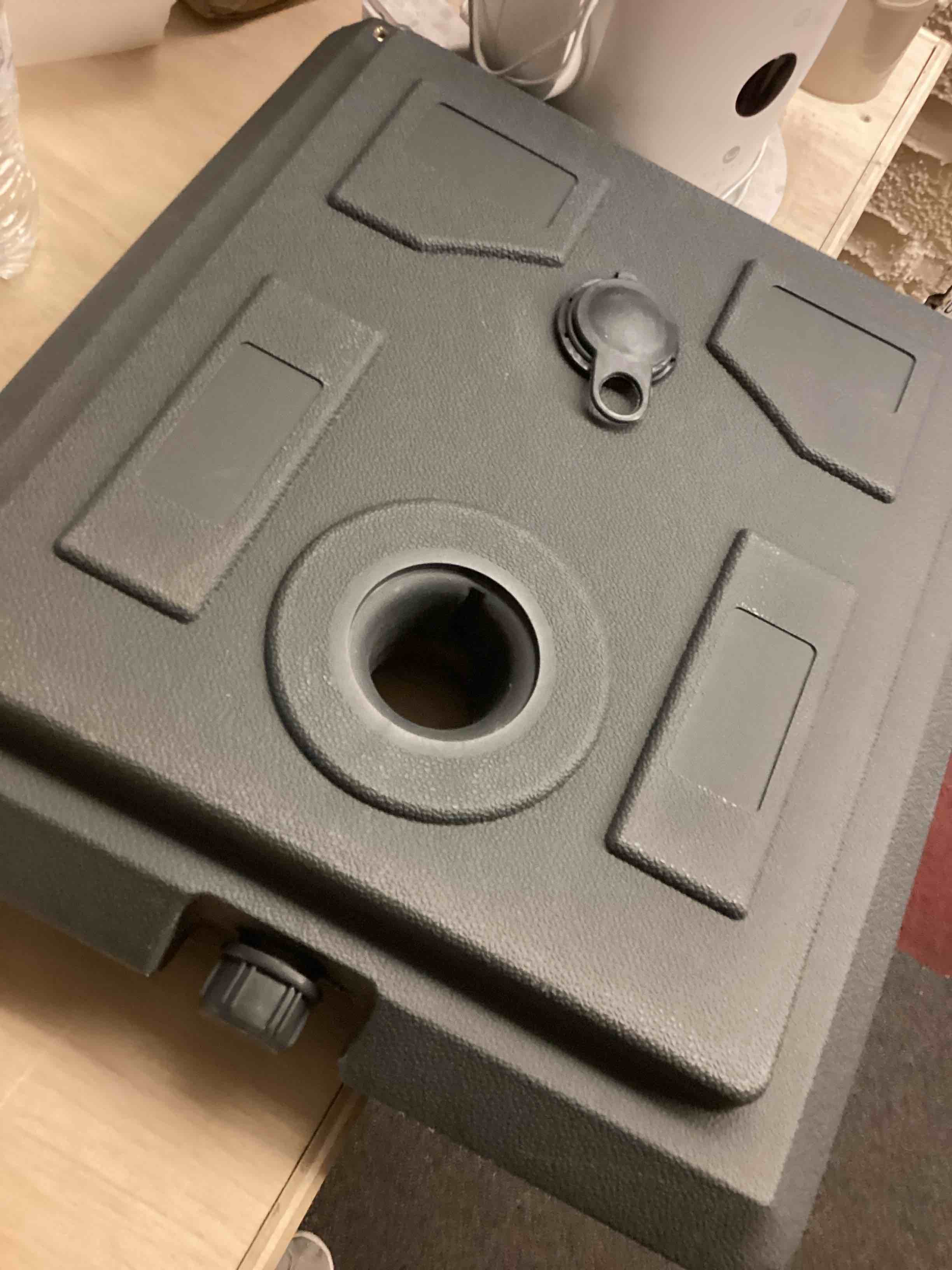 Condition photo showing As Is for DZ4733 MS Patio Umbrella Base Heavy Duty with Wheels Square Market Stand for Outdoor 4 Locks 1 Knobs 125lb Capacity, Black