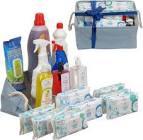 Box of Assorted liquid cleaning products and soaps for personal hygiene